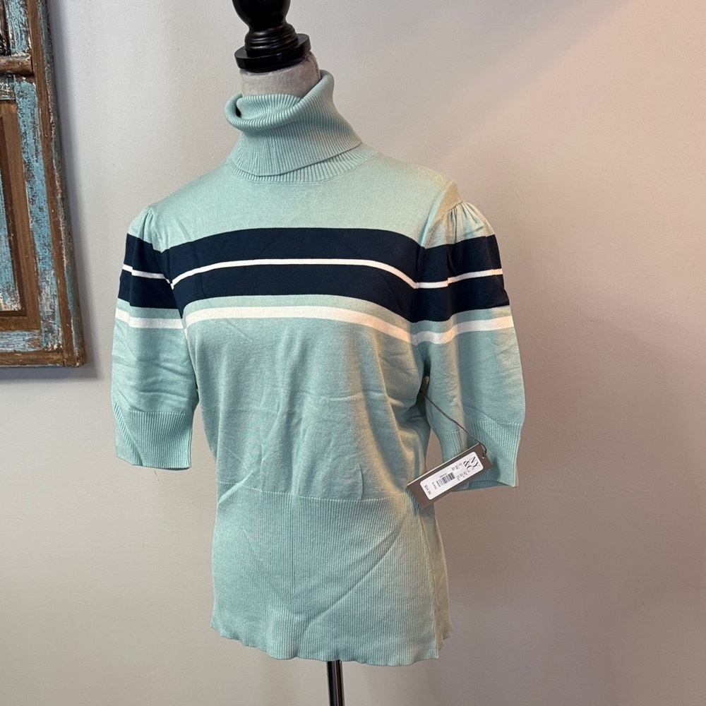 New York & Company Mint and Navy Striped Turtleneck - Picture 3 of 11